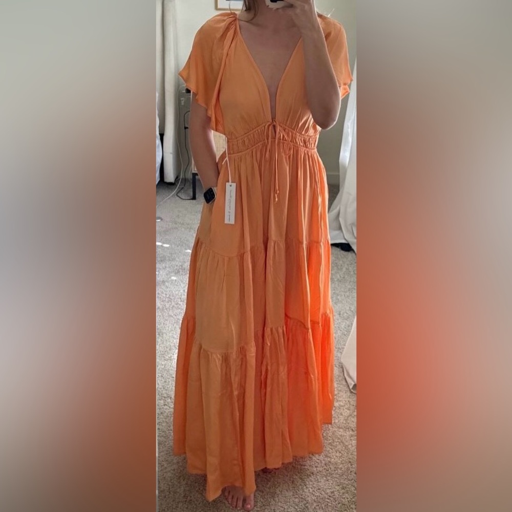 Orange Smocked Maxi Sundress with Plunge Neckline